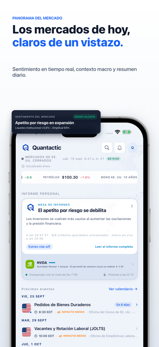 Mesa institucional Quantactic 1.7 con panorama de mercado en iPhone